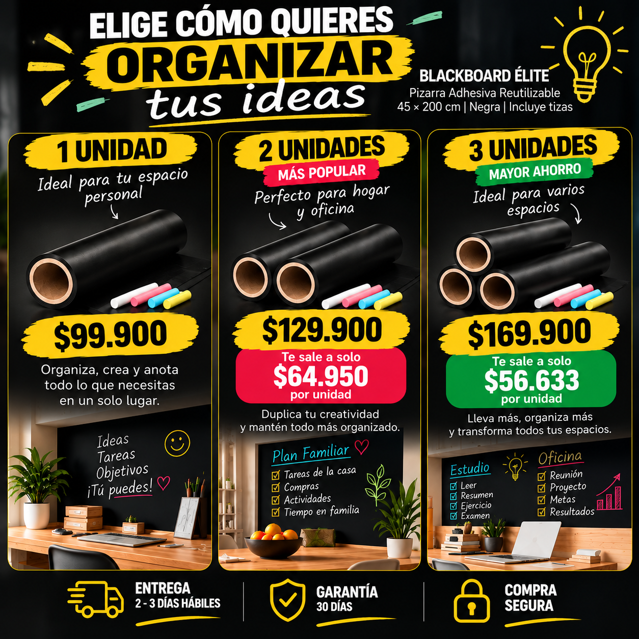 Blackboard Élite — precios por paquete: 1 unidad $99.900, 2 unidades $129.900, 3 unidades $169.900