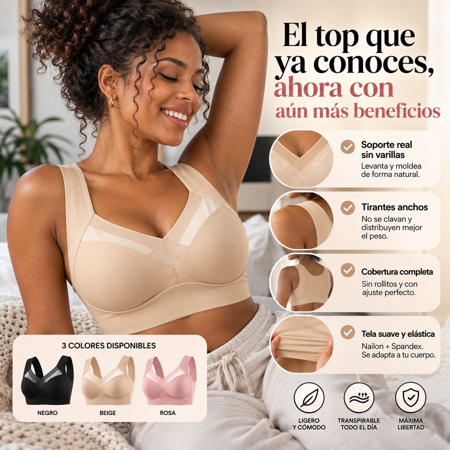 Top Deportivo LibreFit — soporte real sin varillas, tirantes anchos, cobertura completa, tela suave y elástica