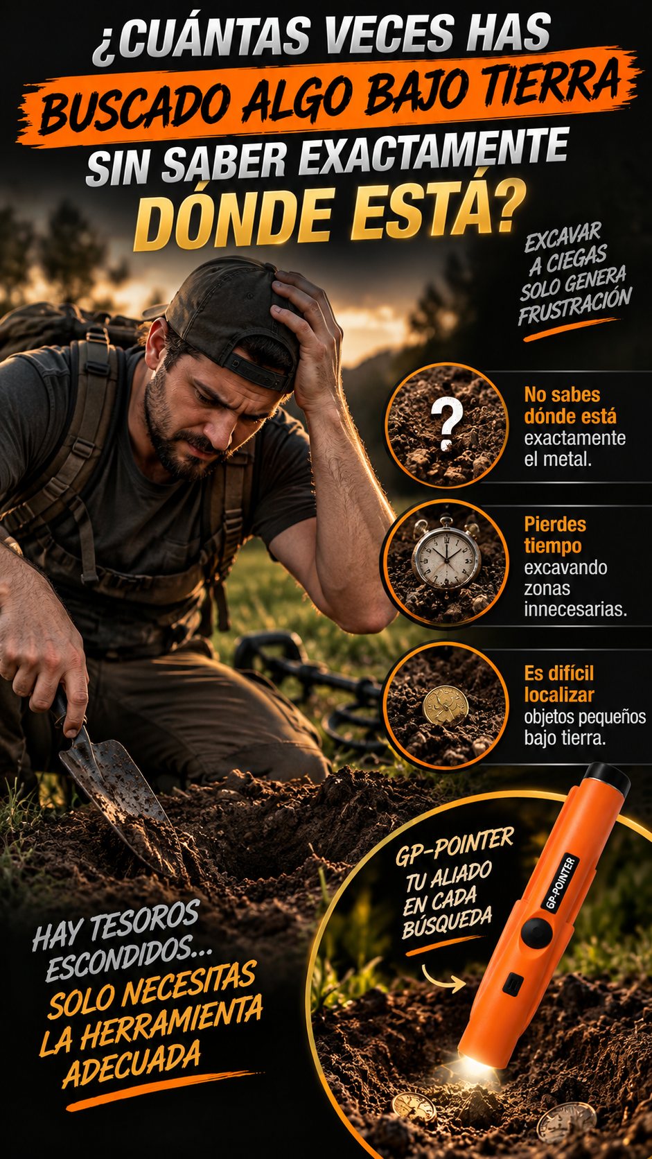 Hombre frustrado excavando sin saber dónde está el metal