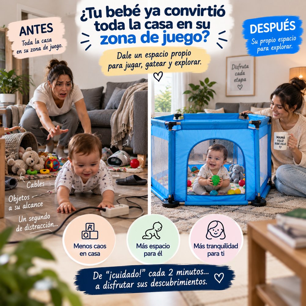 Antes: casa desordenada. Después: bebé jugando seguro en su Pequeño Refugio