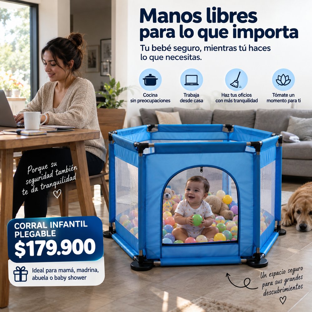 Mamá cocinando tranquila mientras el bebé juega seguro en su Pequeño Refugio